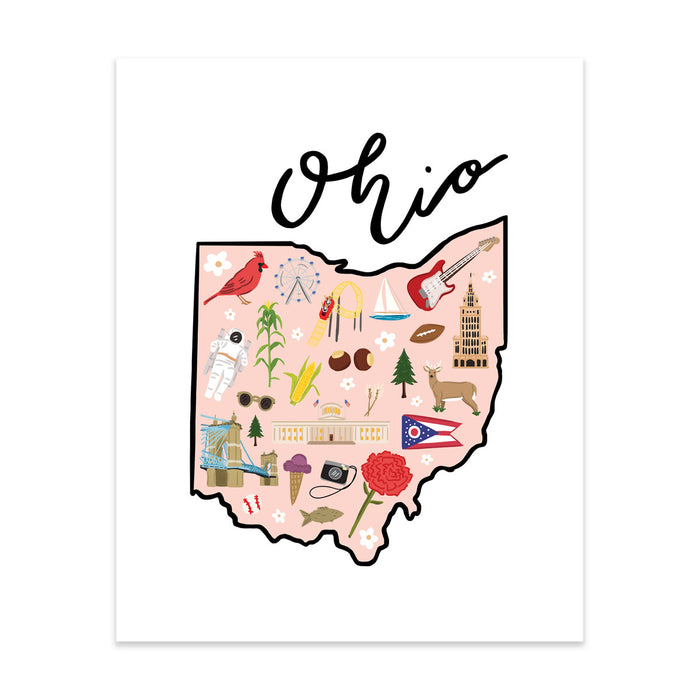 State Art Prints - Ohio - Bloomwolf Studio Print of Louisiana Map, Things to Do, Bright Colors, State Landmarks + Historical Places + Notable Places