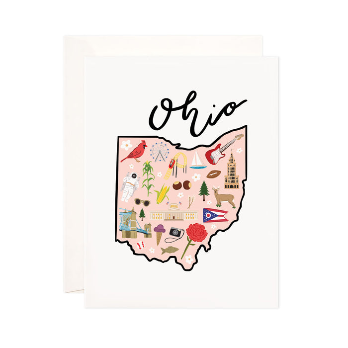 Ohio - Bloomwolf Studio Card About Things to Do in Ohio, Map, Bright Colors, State Landmarks + Historical Places + Notable Places