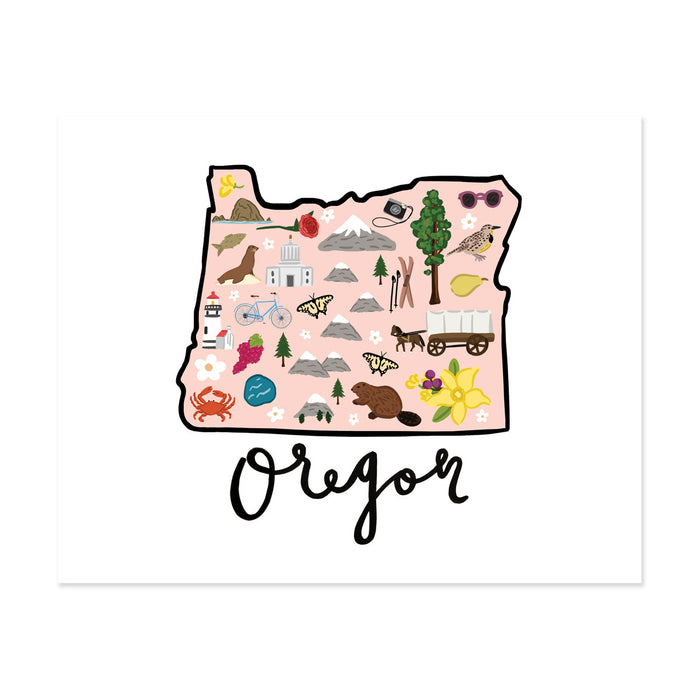 State Art Prints - Oregon - Bloomwolf Studio Print of Oregon Map, Things to Do, Bright Colors, State Landmarks + Historical Places + Notable Places