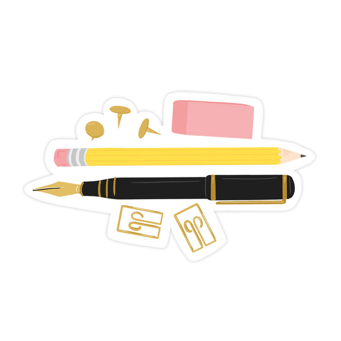 Pencil Sticker - Bloomwolf Studio Sticker With  a Yellow Pencil, Black Fountain Pen, Gold Clips and Tacks, Pink Eraser 