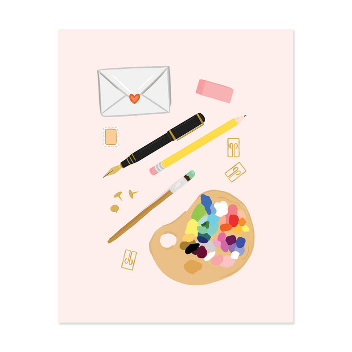 Pink Stationery Art Print - Bloomwolf Studio Print of  Black Pen, Yellow Pencil and Brush, Brown Tacks and Pins, Paints