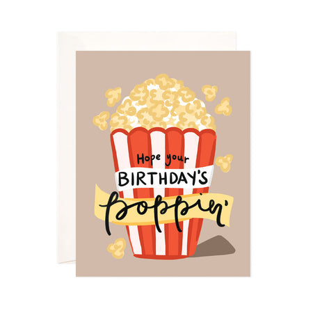Poppin' Birthday - Bloomwolf Studio Card That Says Hope Your Birthday's Poppin, Yellow Popcorn in a White and Red Striped Bucket
