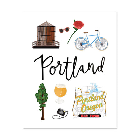 City Art Prints - Portland - Bloomwolf Studio Print About Things to Do in Portland, Neutral Colors City Landmarks + Historical Places + Notable Places, Red Rose, Blue Bike 