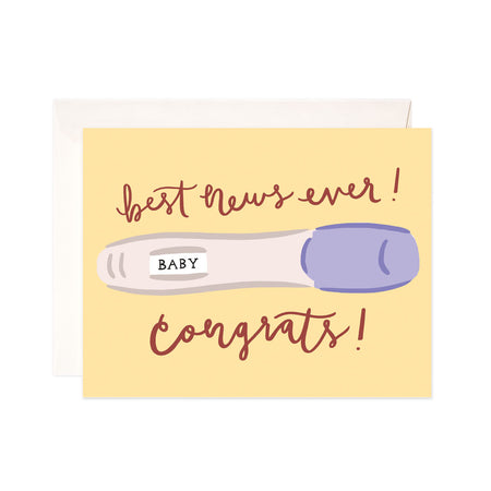 Pregnancy Congrats - Bloomwolf Studio Yellow Card in Brown Print That Says Best News Ever! congrats!, Purple Pregnancy Test