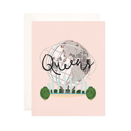 Queens - Bloomwolf Studio Card That Says Queens, Neutral Colored Globe, Blue Fountain, Green Plants