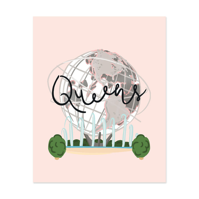 City Art Prints - Queens - Bloomwolf Studio Print That Says Queens, Green Trees, Neutral Colors, Fountain, Big Globe