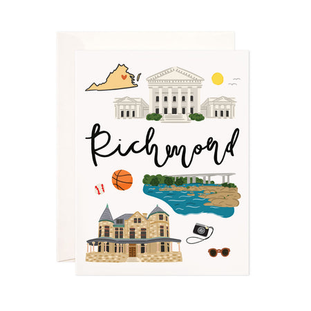 Richmond - Bloomwolf Studio Card About Things to Do in Richmond, Bright Colors, State Symbols, White Background