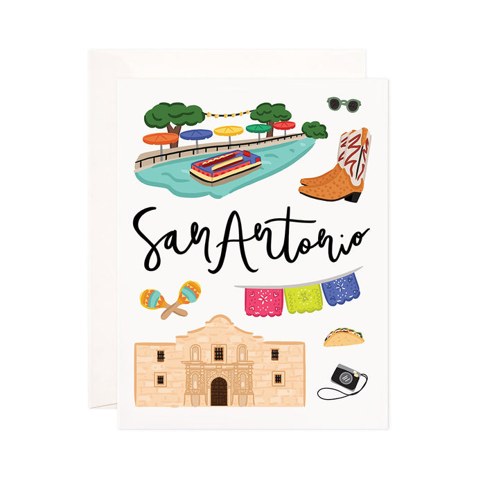 San Antonio - Bloomwolf Studio Card About Things to Do in San Antonio, Bright Colors, State Landmarks + Historical Places + Notable Places