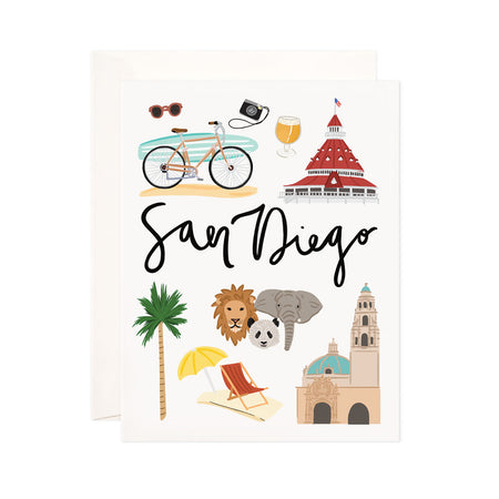 San Diego - Bloomwolf Studio Card About Things to Do in San Diego, Bright Colors, State Landmarks + Historical Places + Notable Places
