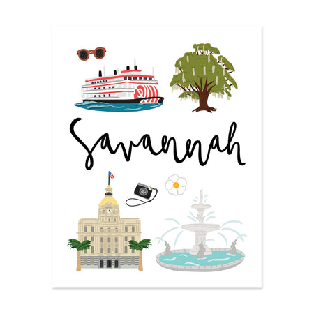 City Art Prints - Savannah - Bloomwolf Studio Print of Things to Do in Savannah, City Landmarks + Historical Places + Notable Places, Green, Blue, White Colors 