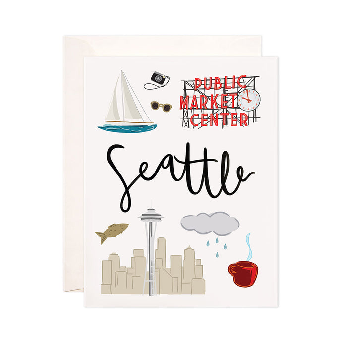 Seattle - Bloomwolf Studio Card About Seattle, City Landmarks + Historical Places + Notable Places, Things to Do, Red, Blue, Gray, White Colors
