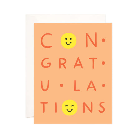 Smiley Congrats - Bloomwolf Studio Card in Orange Background and Print That Says Congratulations, 2  Happy Yellow Smileys