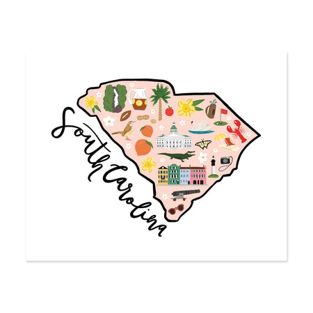 State Art Prints - South Carolina - Bloomwolf Studio Map Print of South Carolina, Bright Colors, Things to Do, Landmarks + Historical Places + Notable Places