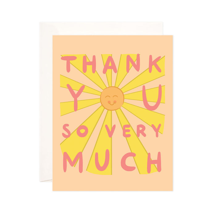 So Very Much - Bloomwolf Studio Thank You Card, Smiling Orange Sun, Yellow Rays, Pink Print