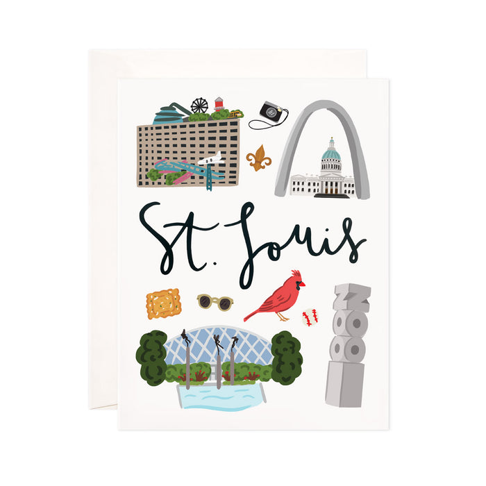 St. Louis - Bloomwolf Studio Card About Things to Do in St. Louis, Map, Bright Colors, State Landmarks + Historical Places + Notable Places