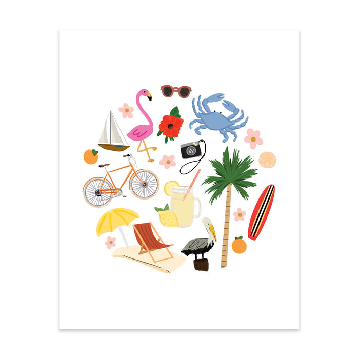 Summer Favorites Art Print - Bloomwolf Studio Summer Print, Bright Colors, Beach, Drinks, Surfing, Biking, Camera