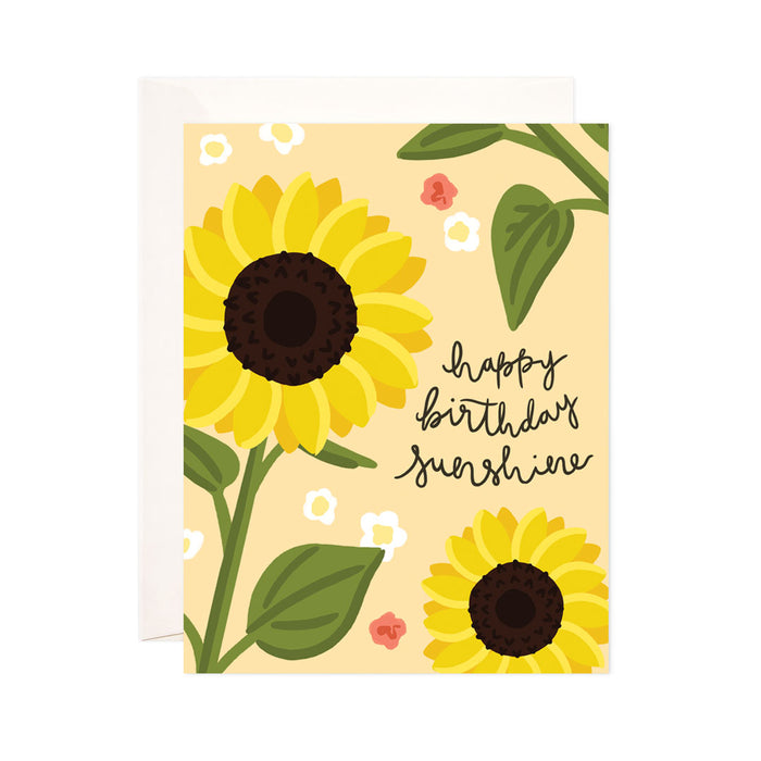 Sunflower Birthday - Bloomwolf Studio Card That Says Happy Birthday Sunshine, Sunflowers, Green Leaves, Small White Flowers