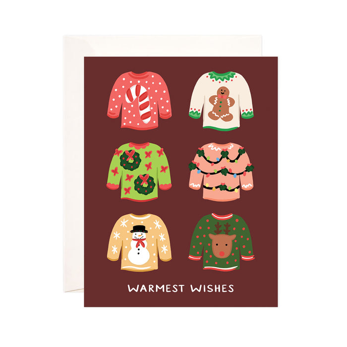 Sweater Weather - Bloomwolf Studio Card That Says Warmest Wishes, Brightly Colored 6 Sweaters, Christmas + Holiday Design Prints