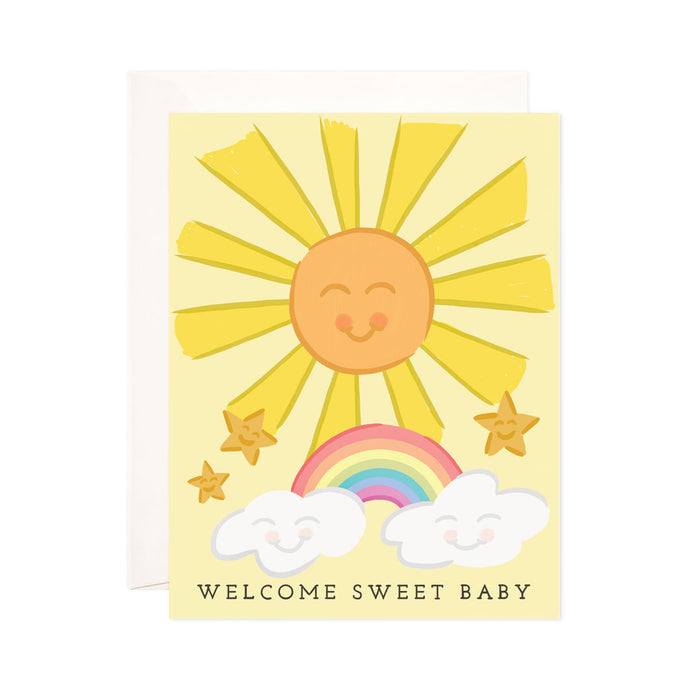 Sweet Baby - Bloomwolf Studio Yellow Card With Smiling Sun and Stars, Rainbow, Clouds, Black Print That Says Welcome Sweet Baby