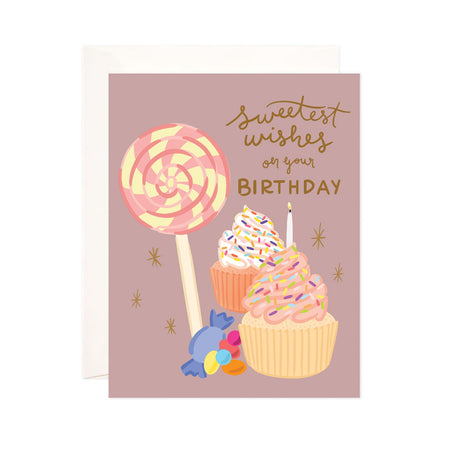 Sweet Birthday - Bloomwolf Studio Birthday Card, Orange and Yellow Cupcakes, Bright Colored Sprinkles, Candies, Lollipop