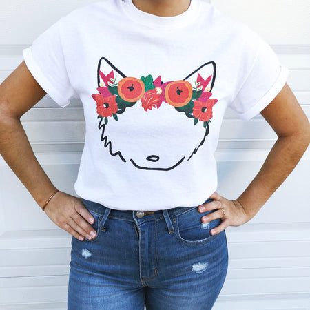 Bloomwolf T-shirt - Bloomwolf Studio White Shirt, With Pet Image Wearing Bright Colors Floral Headdress