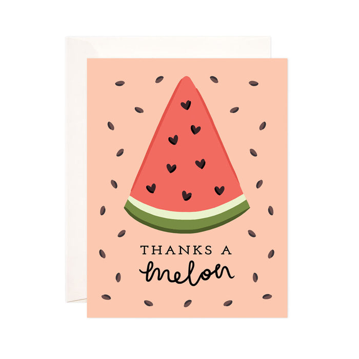 Thanks a Melon - Bloomwolf Studio Thank You Card That Says Thanks a Melon, Peach Background, 1 Slice Red Watermelon, Seeds