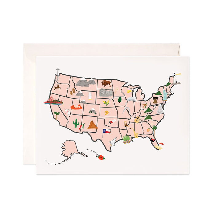 Us Map - Bloomwolf Studio US Map Card, Things to Do, Bright Colors, City State Landmarks + Historical Places + Notable Places, USA, United States
