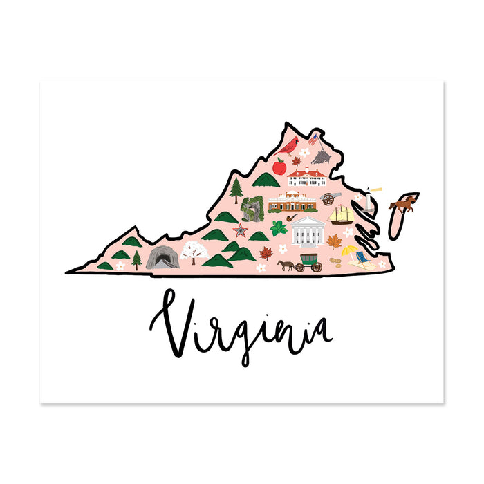 State Art Prints - Virginia - Bloomwolf Studio Print of  Virginia Map, Things to Do, Bright Colors, State Landmarks + Historical Places + Notable Places