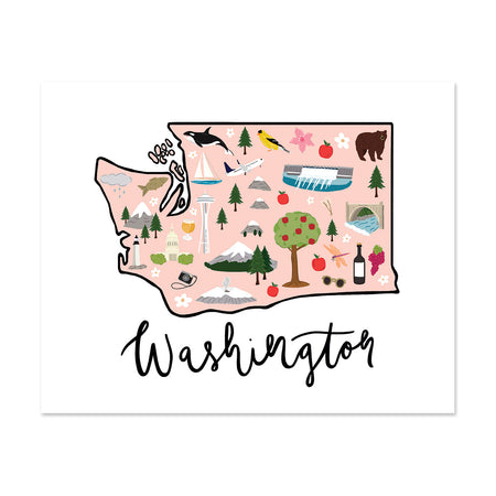 State Art Prints - Washington State - Bloomwolf Studio Print of  Washington Map, Things to Do, Bright Colors, City Landmarks + Historical Places + Notable Places