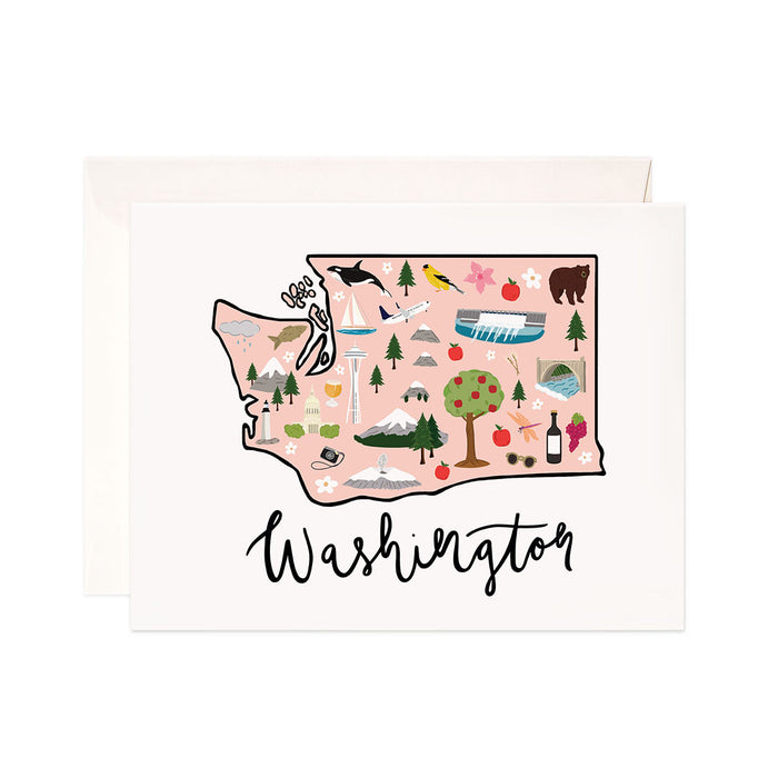 Washington - Bloomwolf Studio Card About Washington Map, Things to Do, Bright Colors, State Landmarks + Historical Places + Notable Places