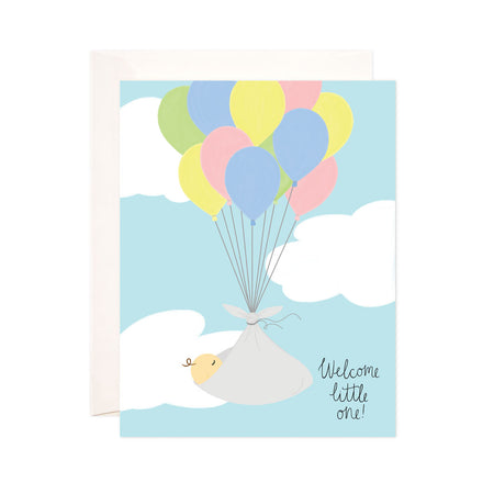 Welcome Little One - Bloomwolf Studio Card That Says Welcome Little One, Baby Carried by Green, Blue, Pink, Yellow Balloons