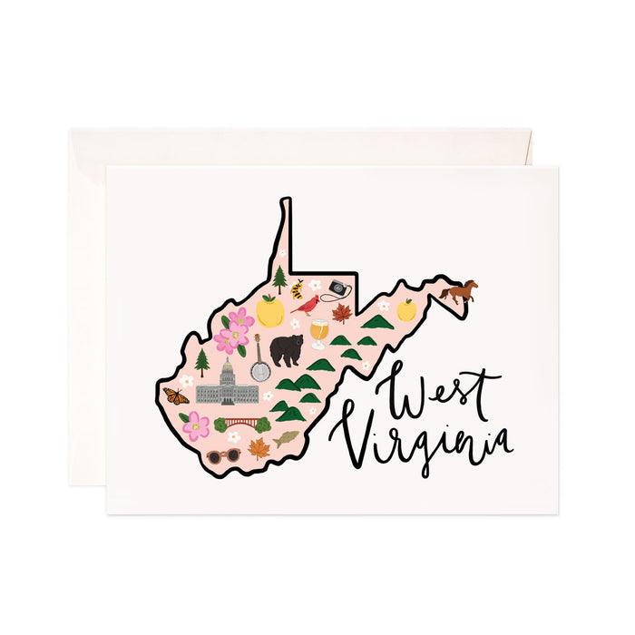 West Virginia - Bloomwolf Studio Card About West Virginia Map, Things to Do, Bright Colors, State Landmarks + Historical Places + Notable Places