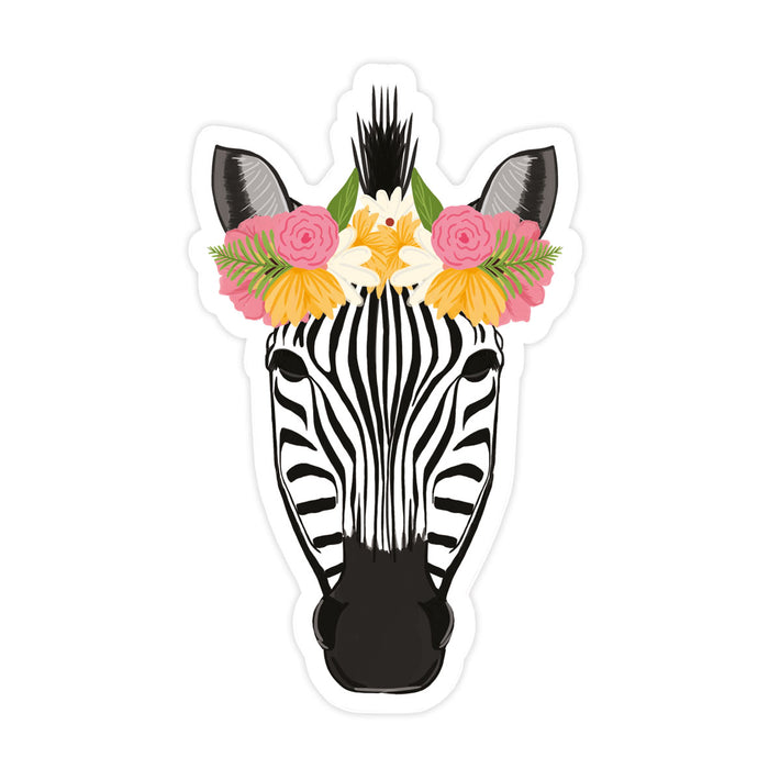 Pretty Zebra Sticker - Bloomwolf Studio Sticker With Zebra Wearing a Pink, Orange, White Floral Headdress